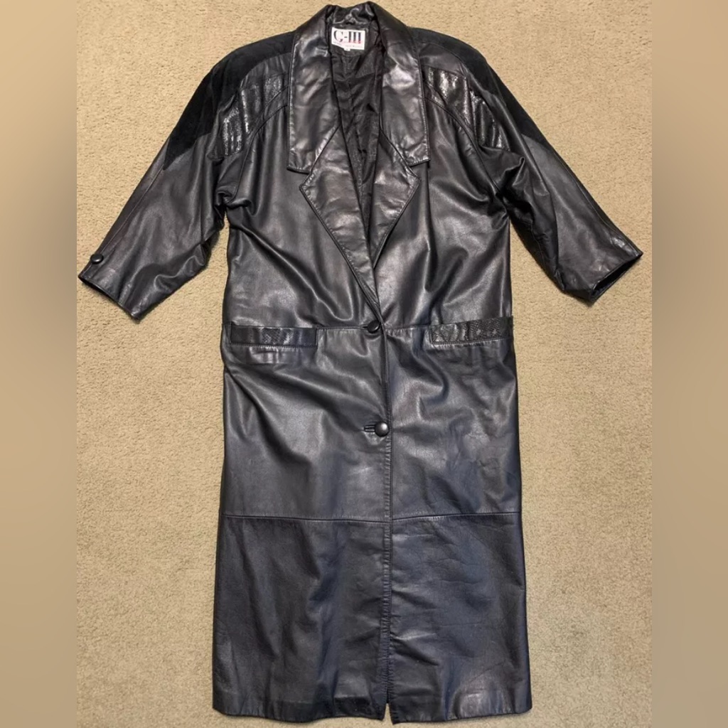 Vtg G-Iii Leather Jacket Womans Med Black Long Global Identity Trench Coat 90s